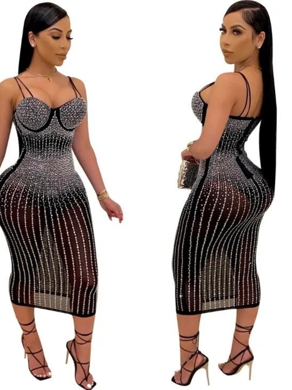 NWOT Sexy Black & Silver All-Over Rhinestone Spaghetti Strap Midi Dress